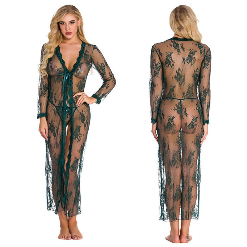 Black Floral Lace Long Robe