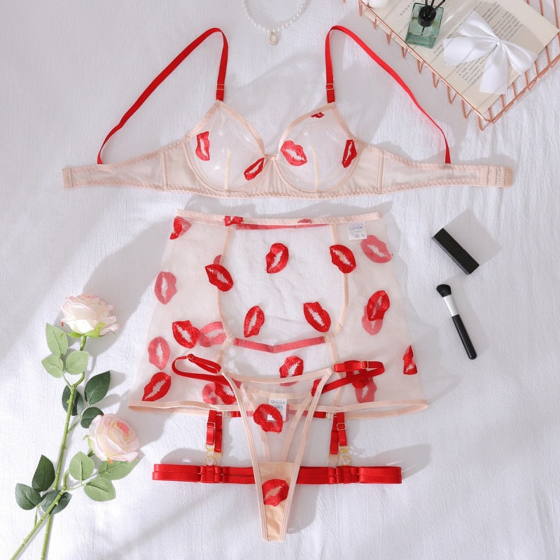 Sheer Lip Print Garter Lingerie Set