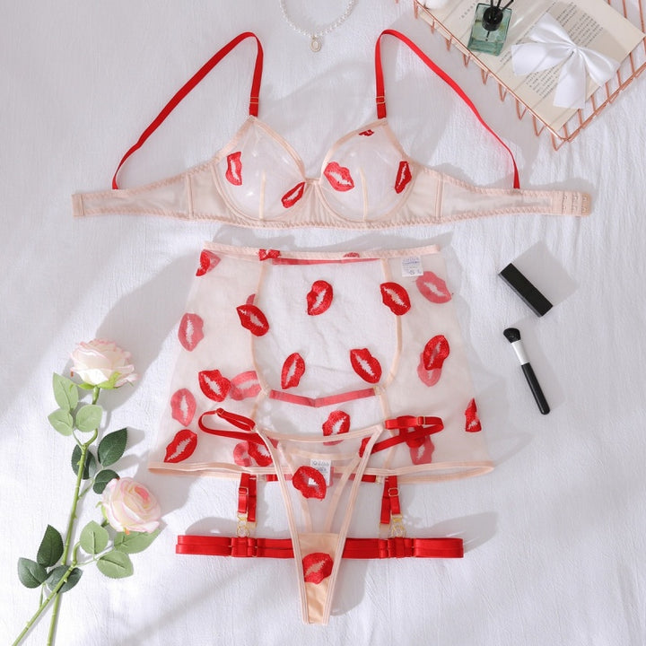 Sheer Lip Print Garter Lingerie Set