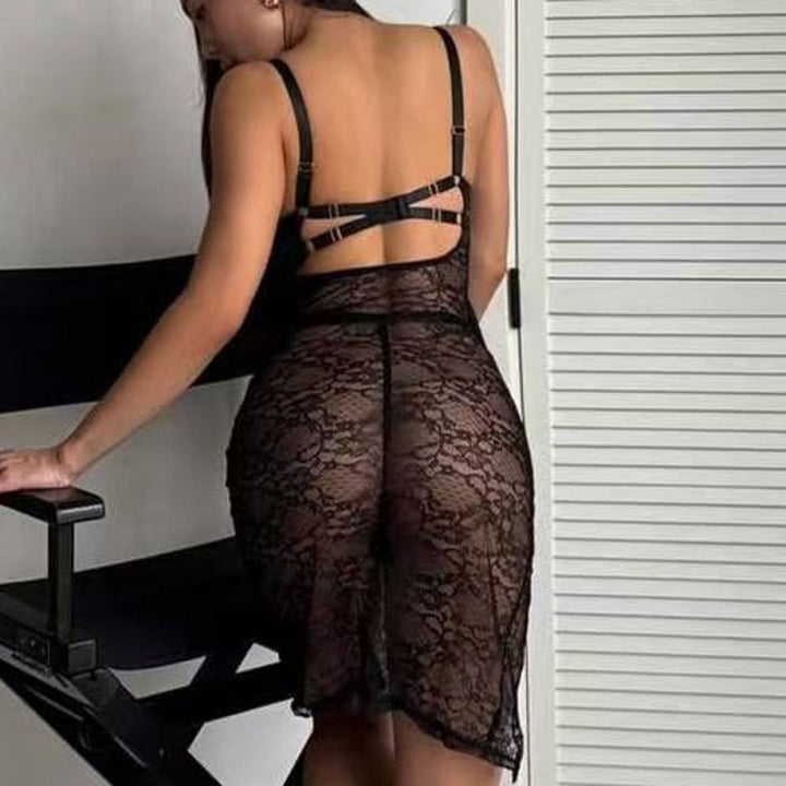Black Lace High-Slit Mini Dress Bodysuit