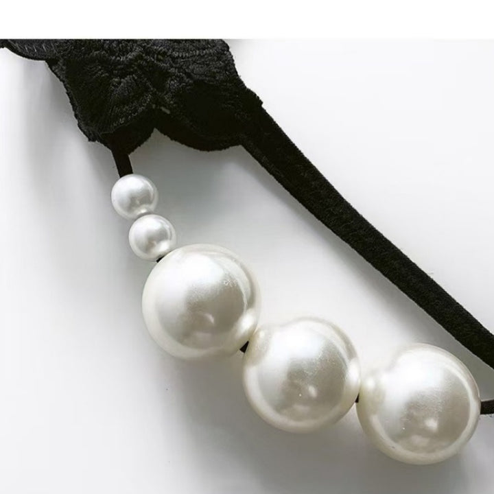 Black Lace Pearl Flower Thong