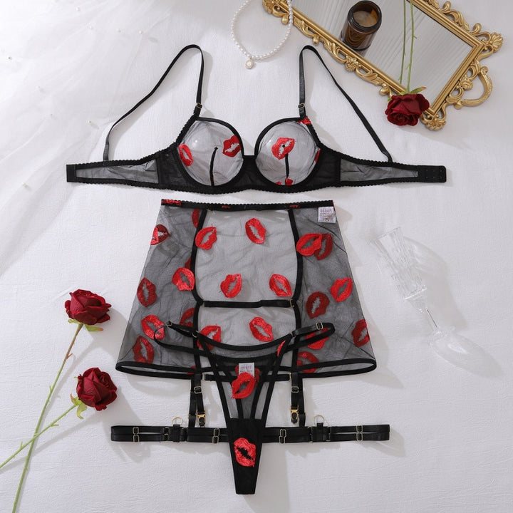Sheer Lip Print Garter Lingerie Set