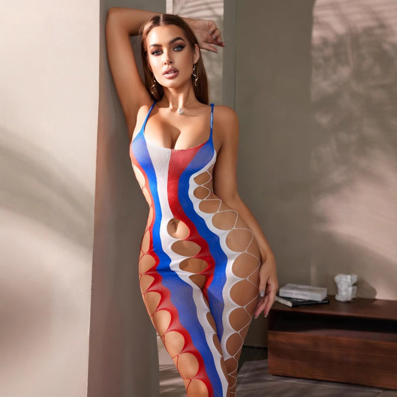 Sexy Red White Blue Striped Cut Out Mesh Bodysuit