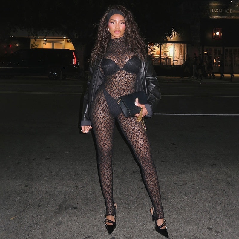 Black Floral Lace Full Body Catsuit