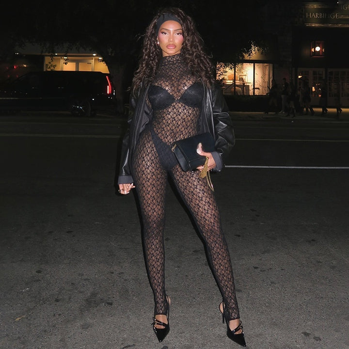 Black Floral Lace Full Body Catsuit