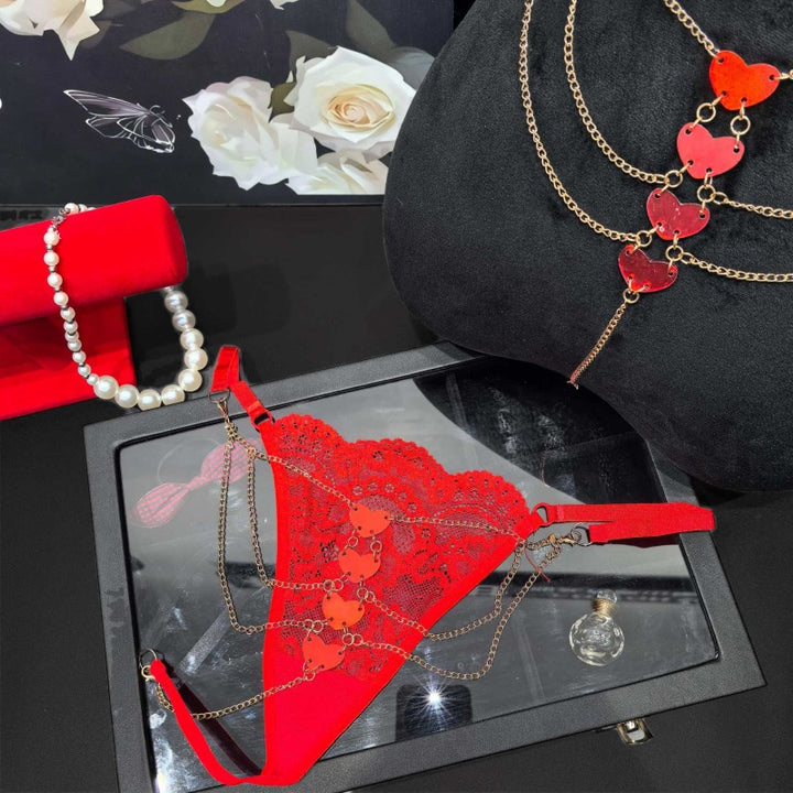 Black Lace Heart Chain Thong