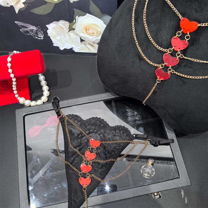 Black Lace Heart Chain Thong