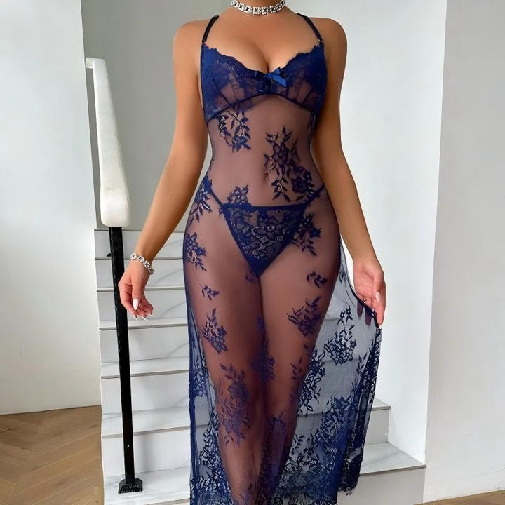 Navy Blue Lace Sheer Bodysuit