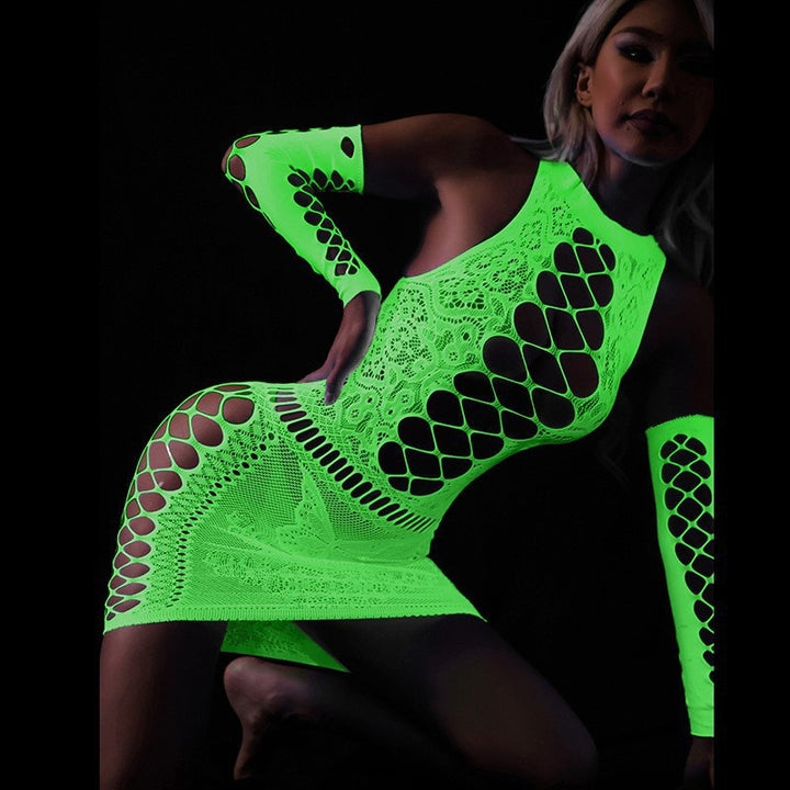 Neon Green Glow Fishnet Two-Piece Set