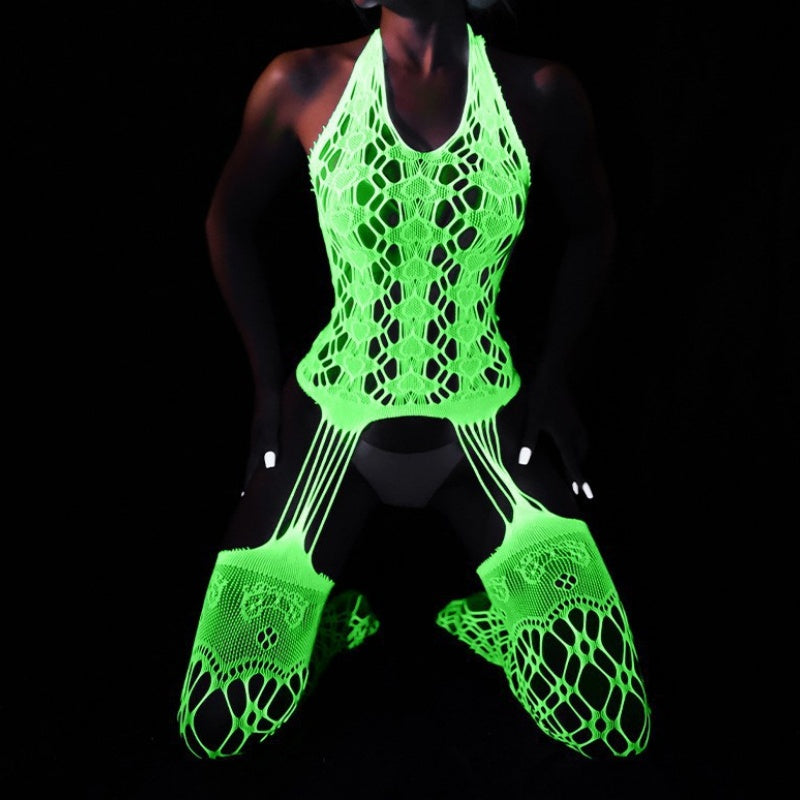 Neon Green Glow Fishnet Two-Piece Set
