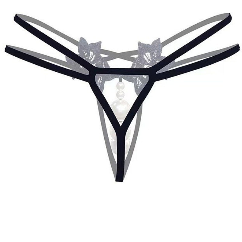 Black Lace Pearl Flower Thong