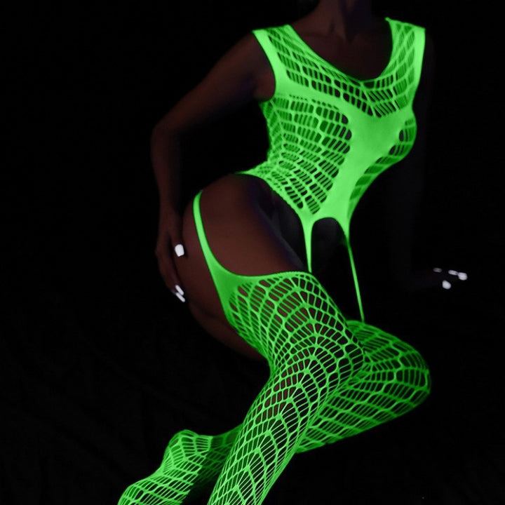 Neon Green Glow Fishnet Two-Piece Set