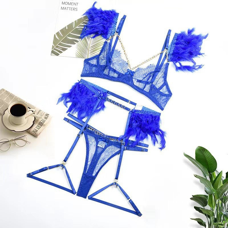 Feather Lace Chain Lingerie Set