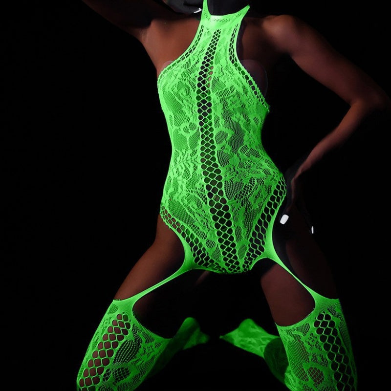Neon Green Glow Fishnet Two-Piece Set