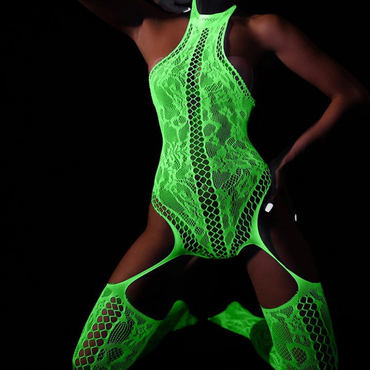 Neon Green Glow Fishnet Two-Piece Set