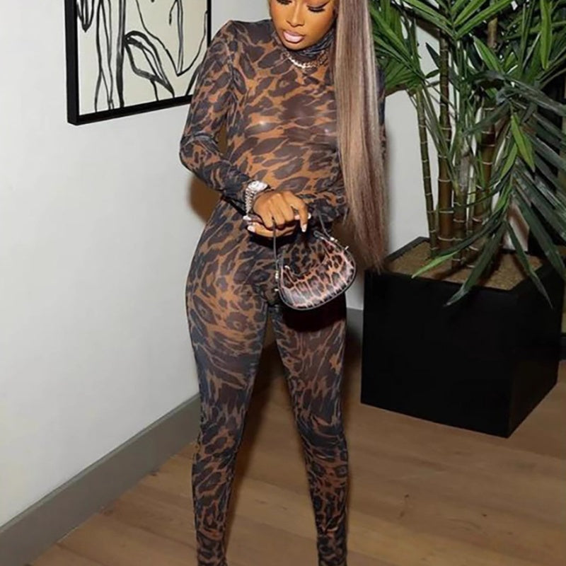 Leopard Print Sheer Mesh Turtleneck Bodysuit