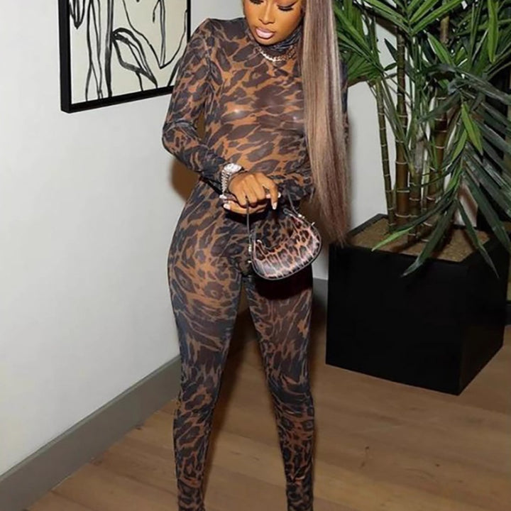 Leopard Print Sheer Mesh Turtleneck Bodysuit