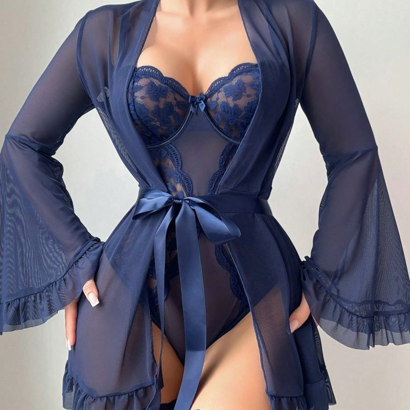 Sheer Robe &amp; Lace Teddy Set