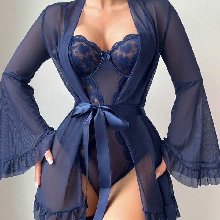 Sheer Robe &amp; Lace Teddy Set