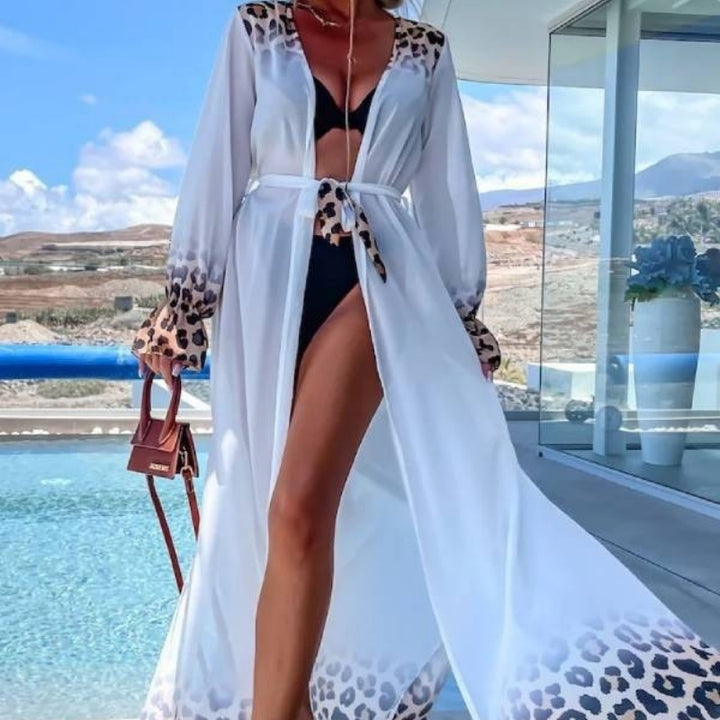 White Leopard Sheer Long Cover-Up