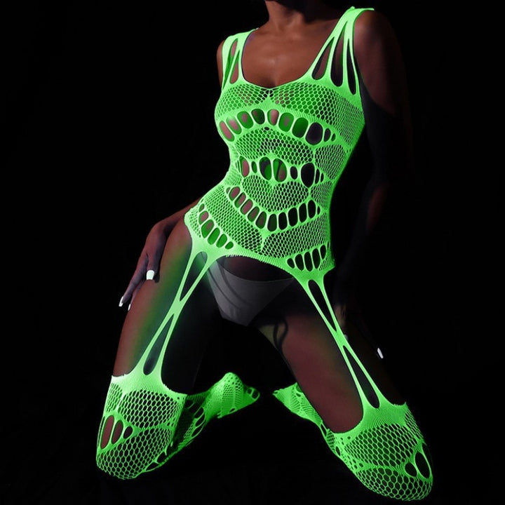Neon Green Glow Fishnet Two-Piece Set