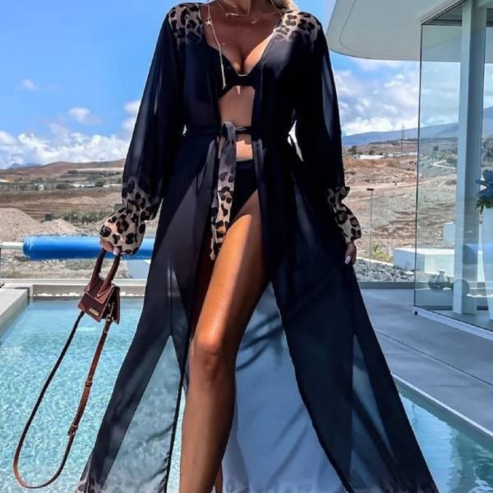 White Leopard Sheer Long Cover-Up