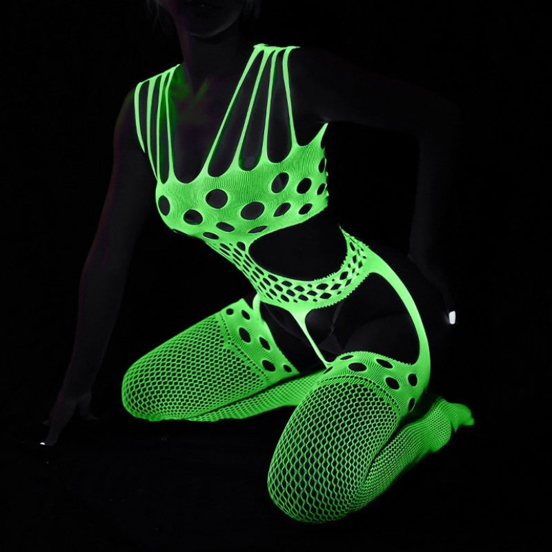 Neon Green Glow Fishnet Two-Piece Set