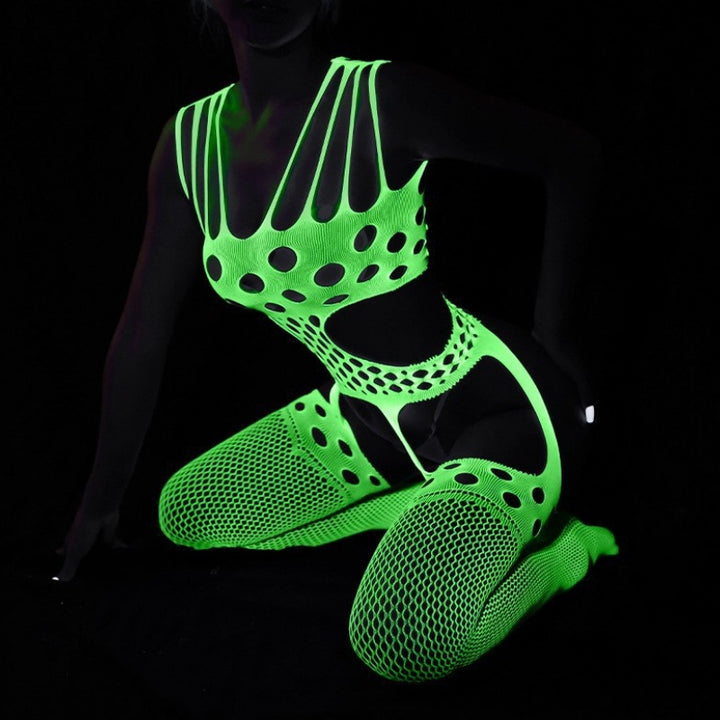 Neon Green Glow Fishnet Two-Piece Set