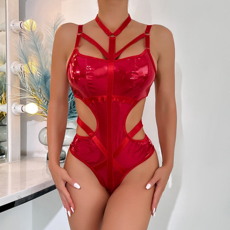 Sexy  Shiny PVC Cut Out Bodysuit
