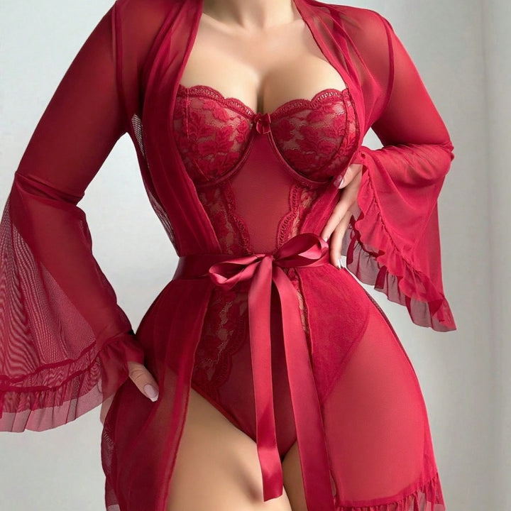 Sheer Robe &amp; Lace Teddy Set