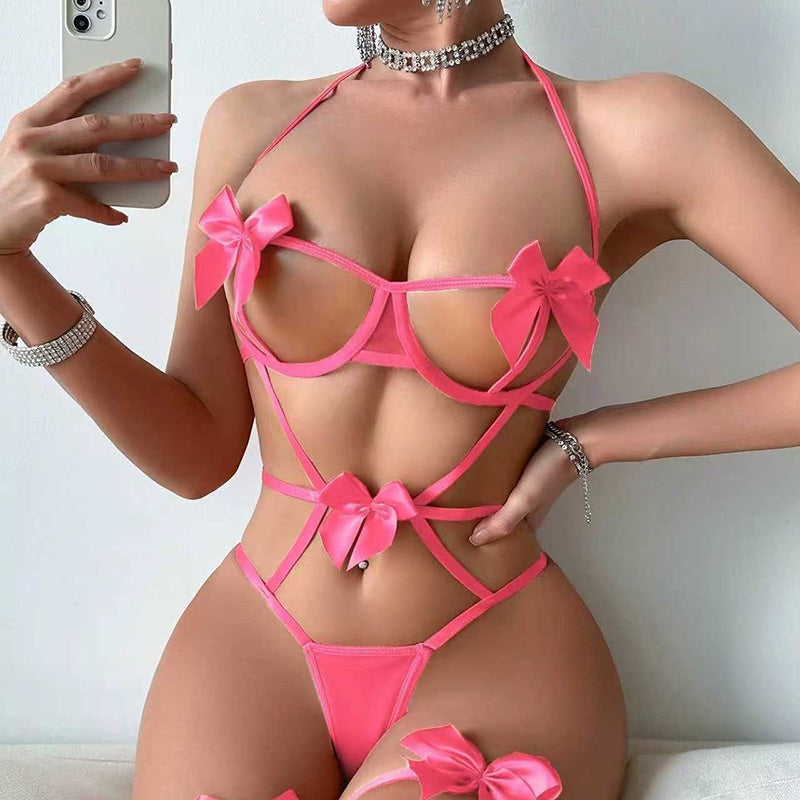Satin Bow Open-Cup Lingerie Set
