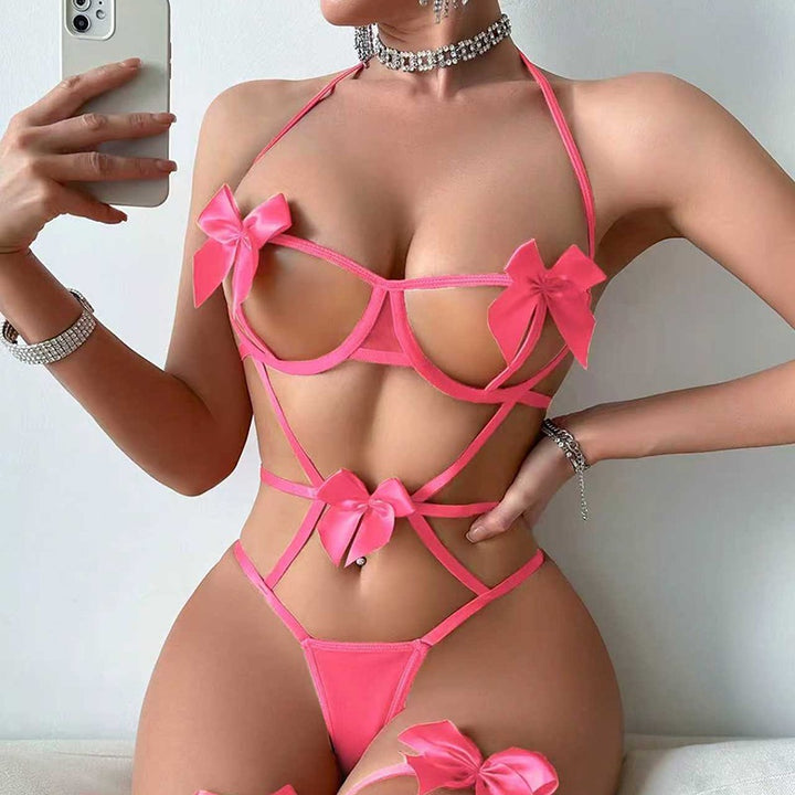 Satin Bow Open-Cup Lingerie Set