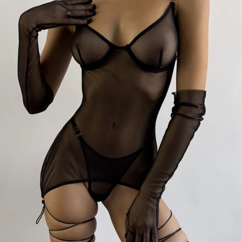 👙Sexy Sheer Mesh Bodysuit with Long Gloves