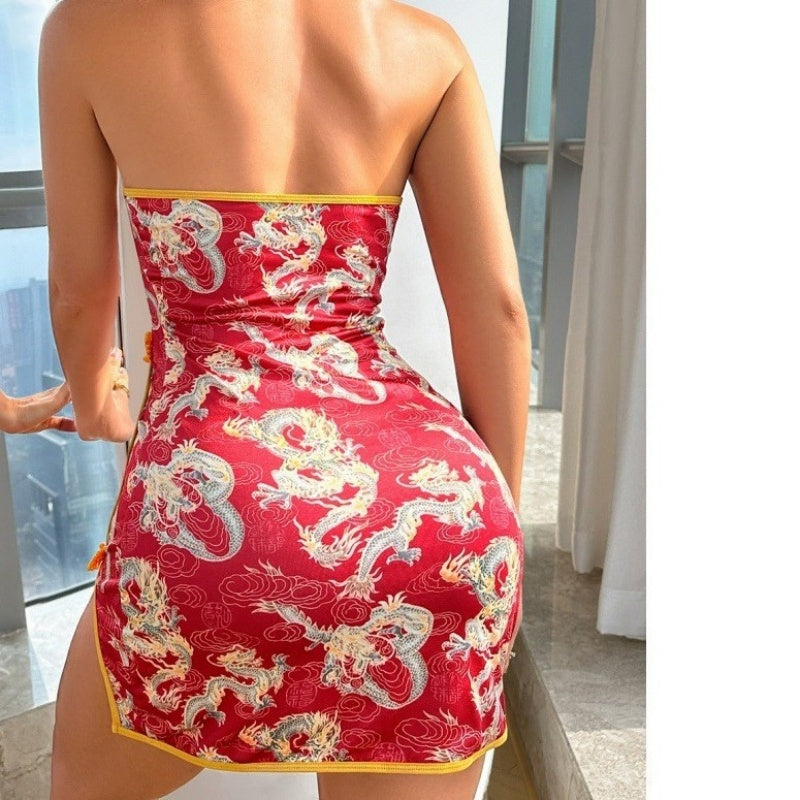 Dragon Print Cheongsam Mini Dress