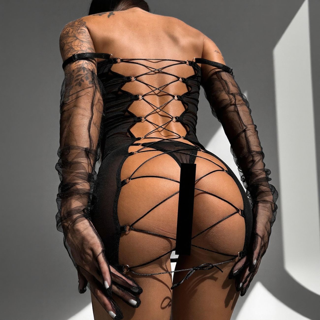 Hot Black Mesh Strappy Caged Bodysuit