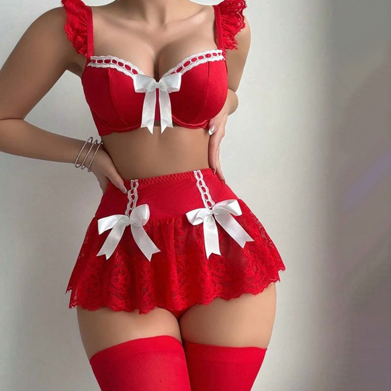 Sexy Black/Red Lace Bow Garter Lingerie Set