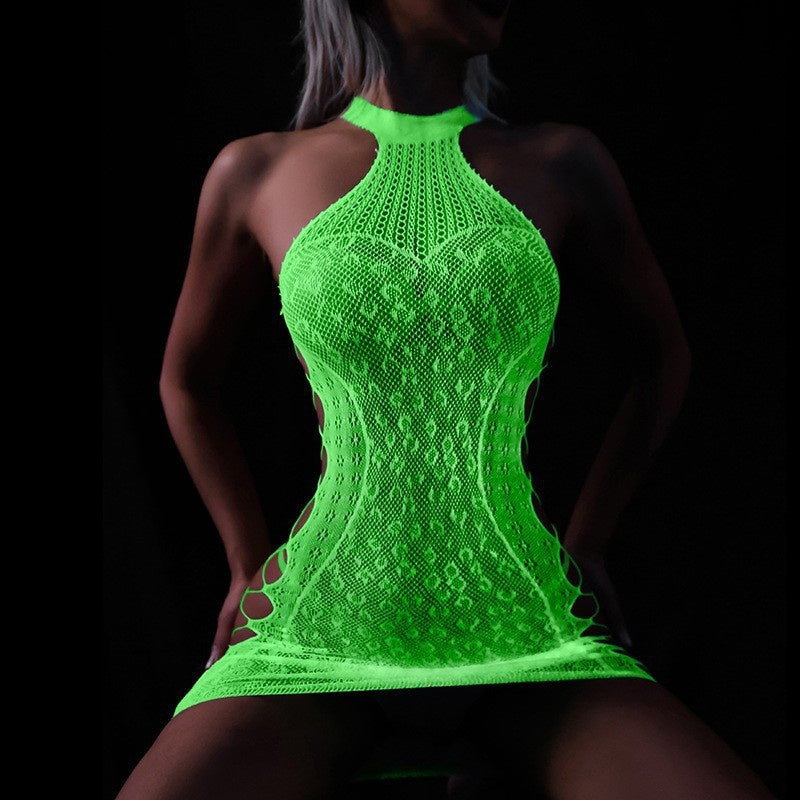 Neon Green Glow Fishnet Two-Piece Set