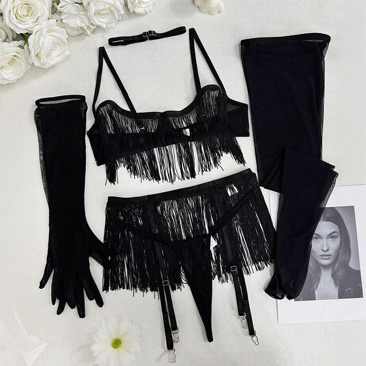 Fringe Hollow Out Lingerie Set with Gloves and Stockings