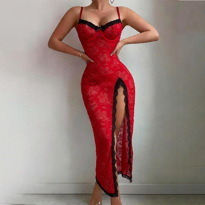 Color Contrast Sheer Lace Sleep Dress