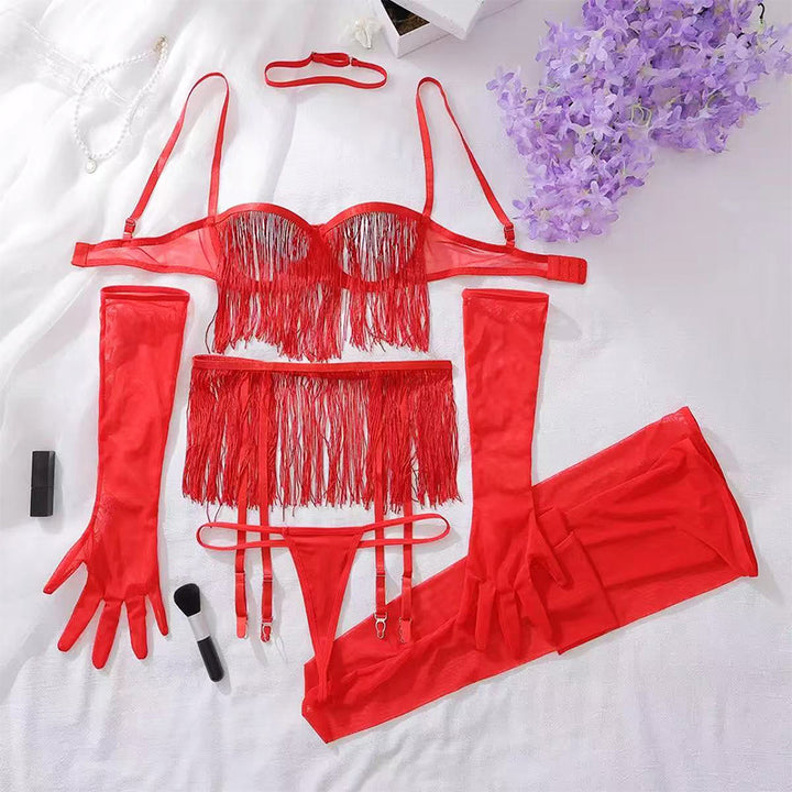 Fringe Hollow Out Lingerie Set with Gloves and Stockings