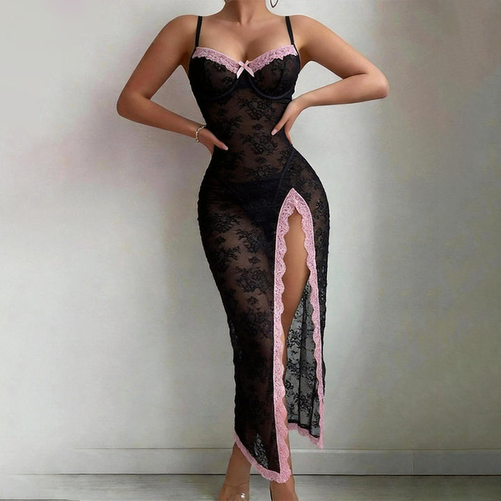 Color Contrast Sheer Lace Sleep Dress