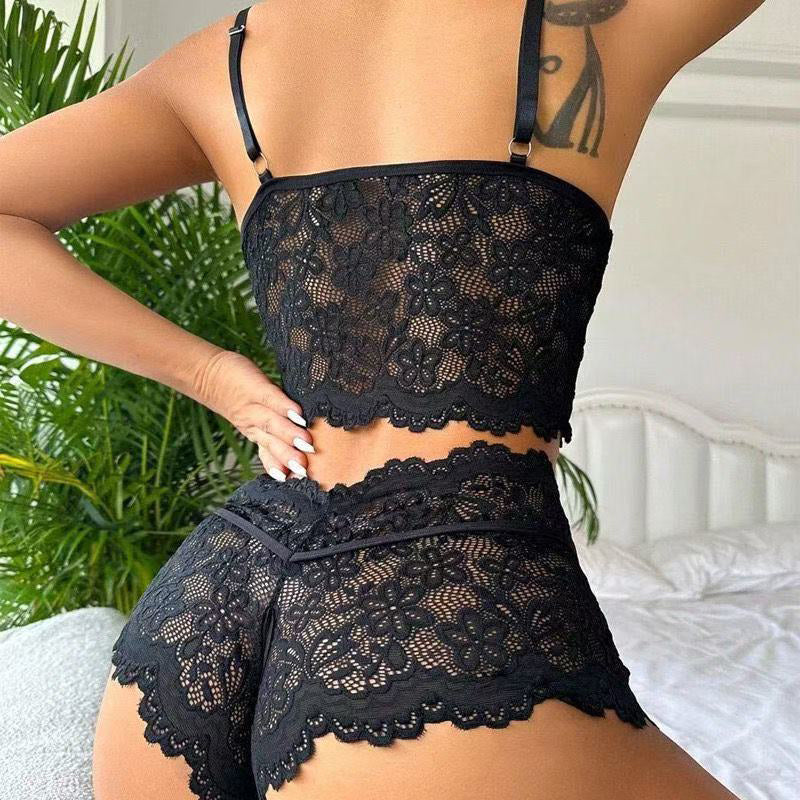 Bow-knot openwork floral lace two-piece set