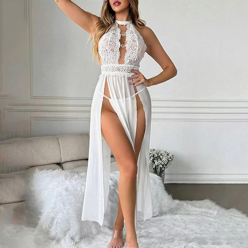 Embroidered Lace Heart Rhinestone Halter Split Sleep Dress