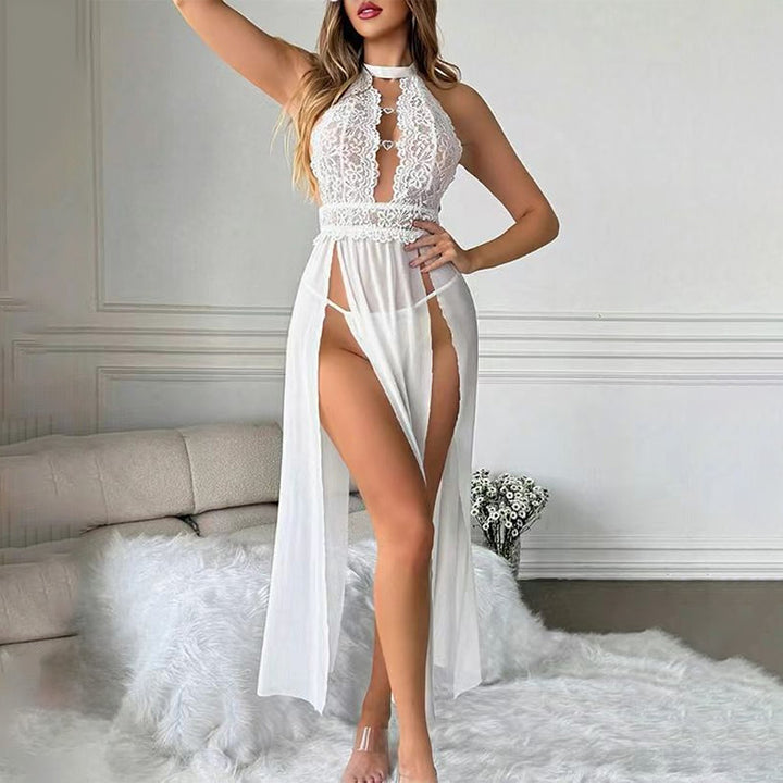 Embroidered Lace Heart Rhinestone Halter Split Sleep Dress